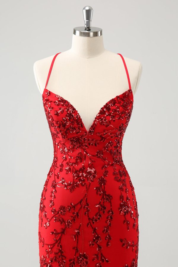 Sparkly Floral Red Tight Short Homecoming Dress with Sequins For Cheap