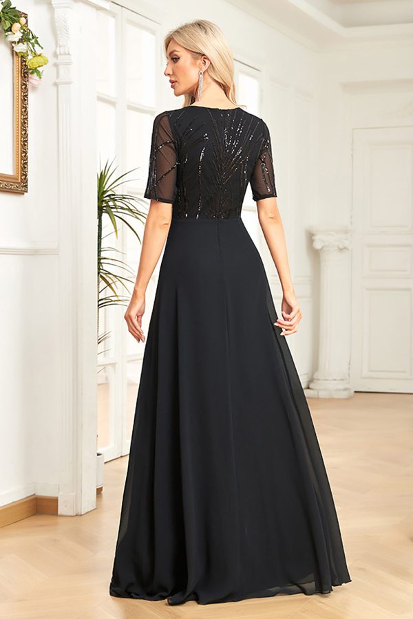 Black Chiffon Half Sleeves Round Neck Appliques A Line Mother of the Bride Dress For Discount