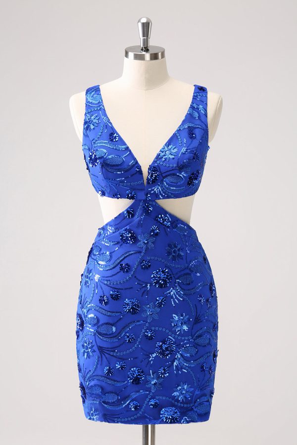 Royal Blue Bodycon Cut Out Homecoming Dress with Beading on Sale