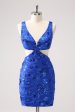 Royal Blue Bodycon Cut Out Homecoming Dress with Beading on Sale