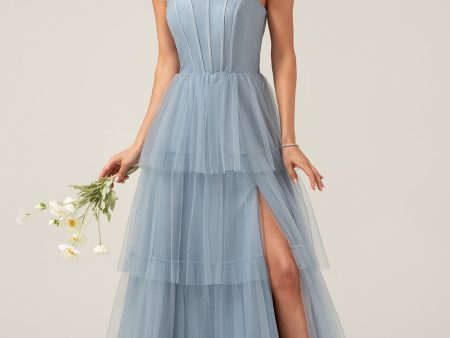 Detachable Straps A Line Tiered Long Dusty Blue Bridesmaid Dress Cheap