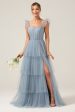 Detachable Straps A Line Tiered Long Dusty Blue Bridesmaid Dress Cheap