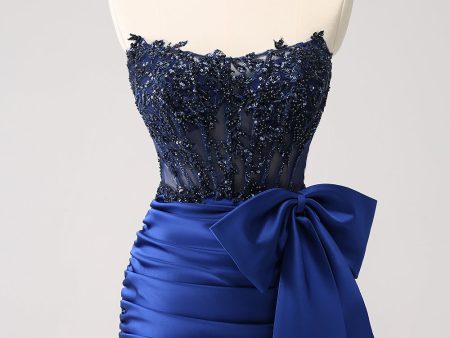 Sparkly Navy Strapless Beaded Appliques Tight Homecoming Dress For Sale