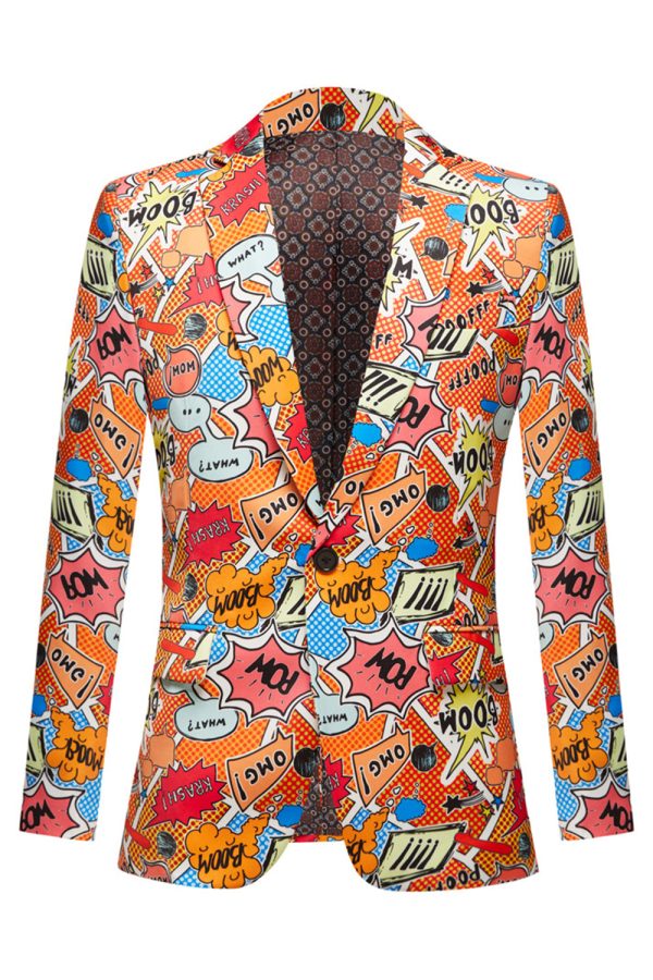 Orange Notched Lapel Graffiti Men s Blazer For Sale