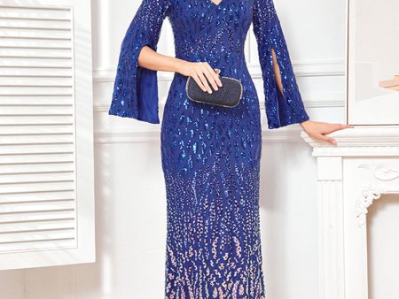 Sparkly Royal Blue V-Neck Mother Of Bride Dress with Long Sleeves Fashion