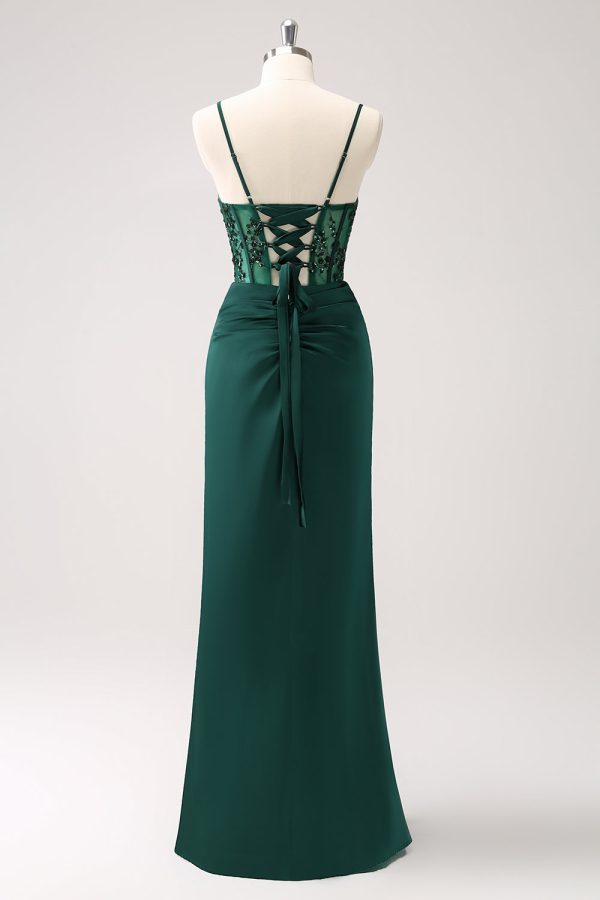 Dark Green Mermaid Spaghetti Straps Satin Long Bridesmaid Dress with Slit Online