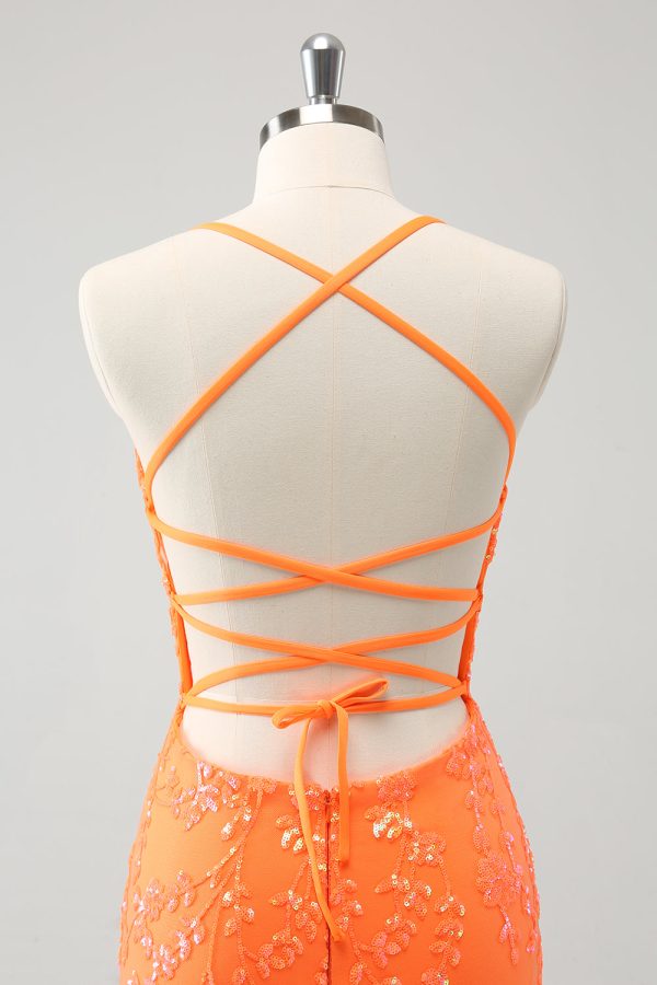 Sparkly Orange Lace-Up Back Tight Short Homecoming Dress with Sequins Online Hot Sale