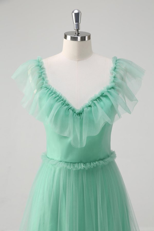 Green A Line V-Neck Tiered Tulle Bridesmaid Dress Online