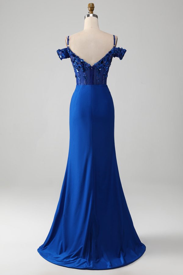 Beaded Royal Blue Corset Prom Dress with Slit Sale