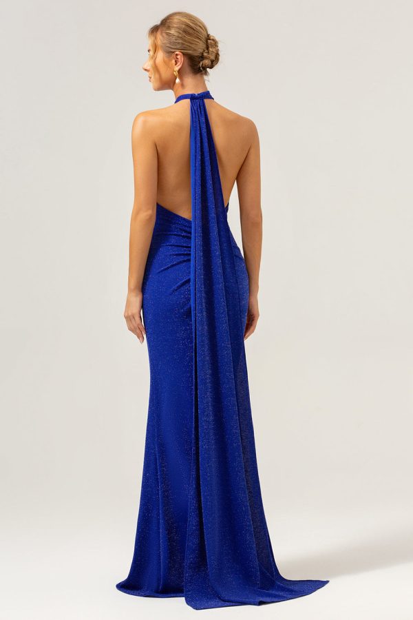 Glitter Blue Mermaid Halter Backless Long Bridesmaid Dress on Sale