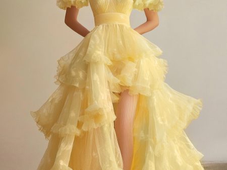 Yellow Boat Collar Short Sleeves Organza Formal Dress with Big A Hem Online