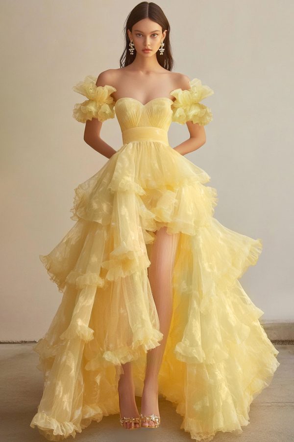 Yellow Boat Collar Short Sleeves Organza Formal Dress with Big A Hem Online