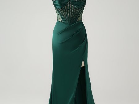 Sparkly Dark Green Mermaid Strapless Beaded Corset Long Prom Dress with Slit Supply