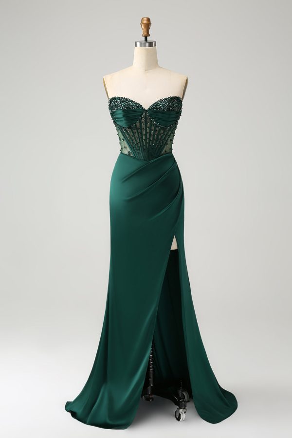 Sparkly Dark Green Mermaid Strapless Beaded Corset Long Prom Dress with Slit Supply