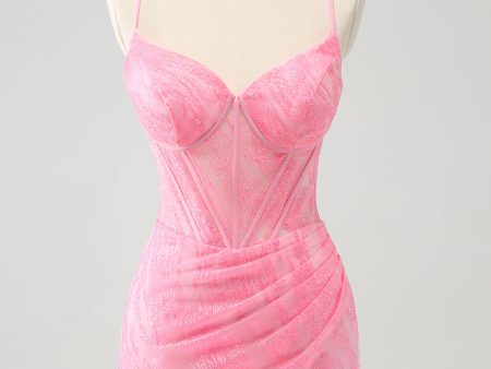 Pink Spaghetti Straps Tight Corset Homecoming Dress with Lace Up Back Cheap