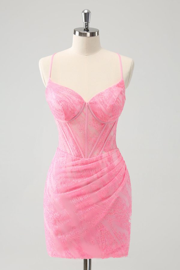 Pink Spaghetti Straps Tight Corset Homecoming Dress with Lace Up Back Cheap