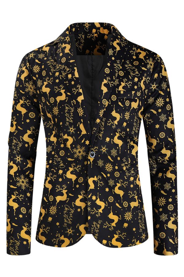 Black 3-Pieces Yellow Elk Printed Men s Christmas Suits Cheap