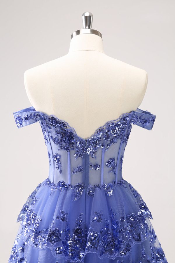 Sparkly A Line Off the Shoulder Dark Blue Corset Homecoming Dress with Ruffles Discount