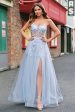 A Line Tulle Spaghetti Straps Corset Applique Blue Prom Dress with Slit Online