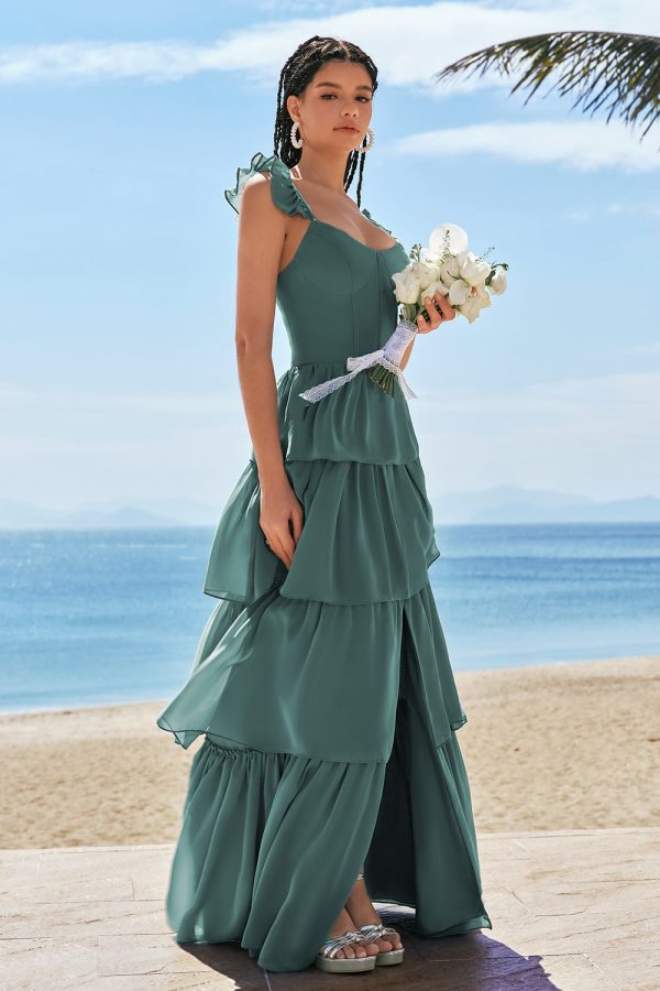 Eucalyptus A-Line Corset Tiered Long Bridesmaid Dress with Ruffle Slit Discount