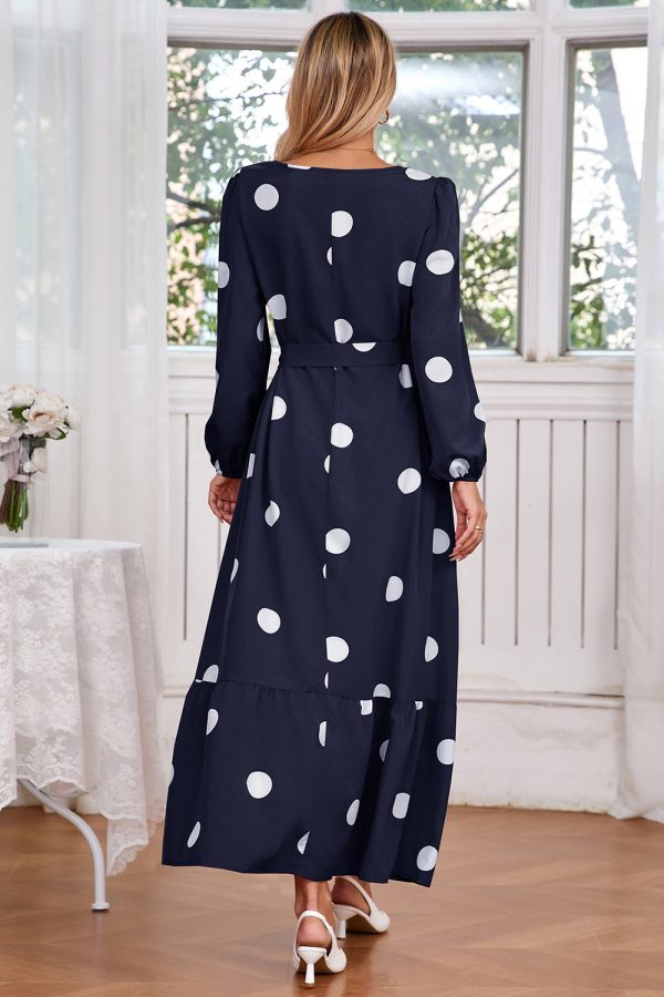 Navy Scoop Neck Polka Dots Long Cocktail Dress with Sash Cheap