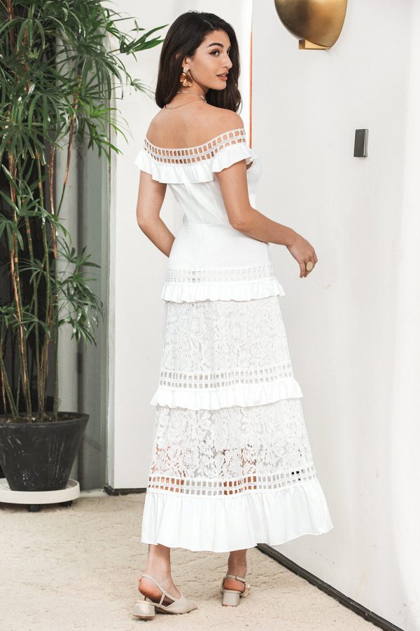 White Tiered Long Boho Engagement Party Dress with Lace Cheap