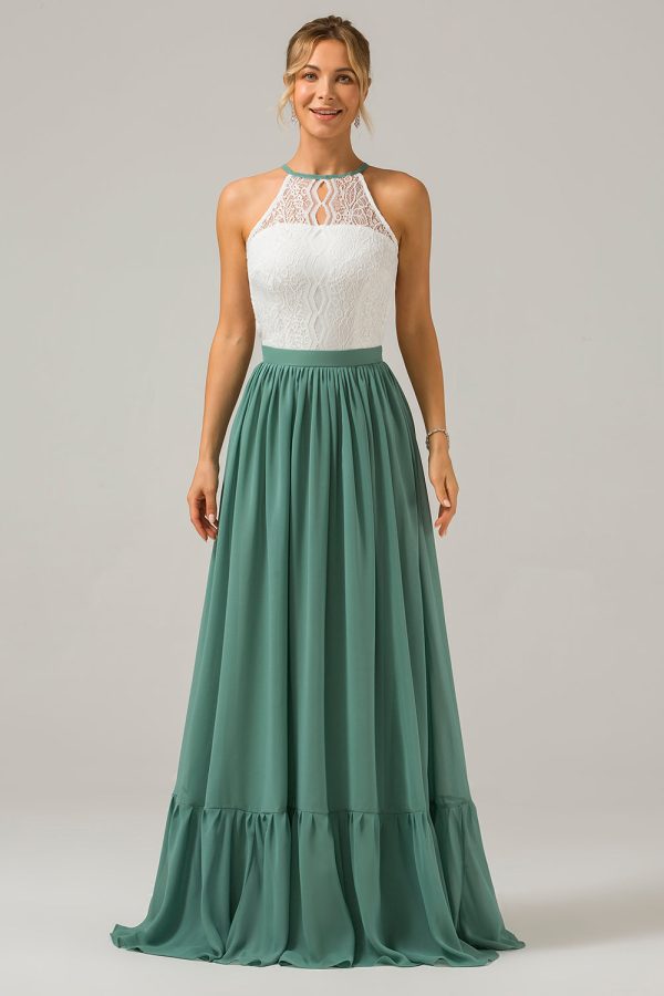 Eucalyptus Keyhole Boho Chiffon Long Bridesmaid Dress with Lace Online now