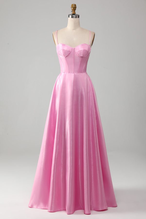 A-Line Spaghetti Straps Pink Corset Prom Dress Online