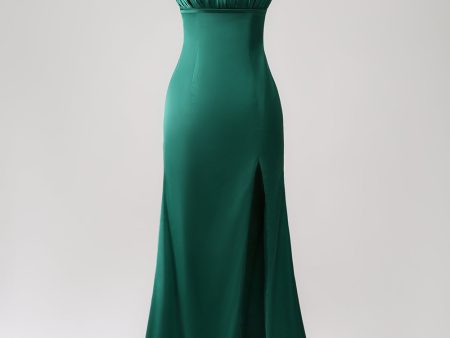 Dark Green Mermaid Spaghetti Straps Satin Prom Dress with Pleated Online