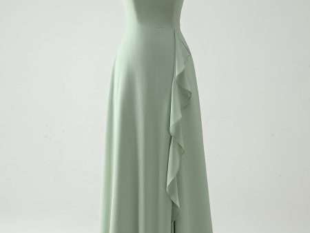 A Line Strapless Dusty Sage Long Bridesmaid Dress with Ruffles Slit Online