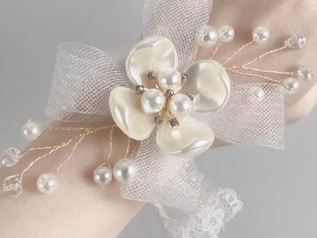 Elegant White Ceramic Flower Mesh Wrist Corsage with Lace Ribbon Discount