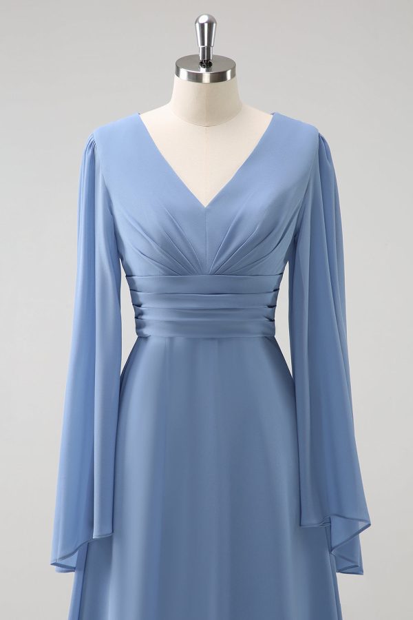 Grey Blue A Line Long Sleeves Chiffon Bridesmaid Dress with Slit Hot on Sale