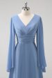 Grey Blue A Line Long Sleeves Chiffon Bridesmaid Dress with Slit Hot on Sale