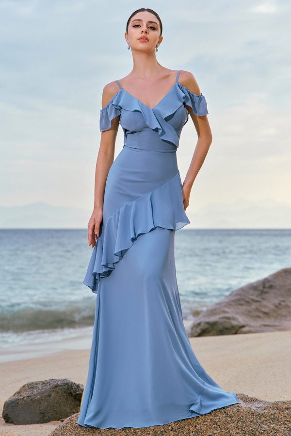 Blue Cold Shoulder Chiffon Bridesmaid Dress with Ruffles Online