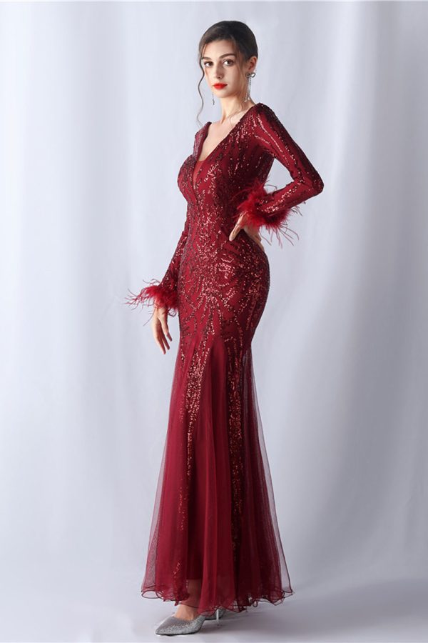 Sparkly Mermaid Burgundy Feathered Mother of Bride Dress with Long Sleeves Online now