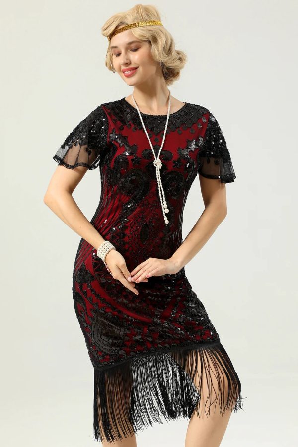 Black Red Sequins Fringed Cap Sleeves 1920s Dress with Accessories Set Online Hot Sale