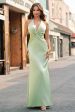 Dusty Sage Satin Mermaid Ruched Halter Bridesmaid Dress Online Hot Sale