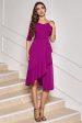 Grape Purple Asymmetrical Midi Cocktail Dress with Half Sleeves Online Hot Sale