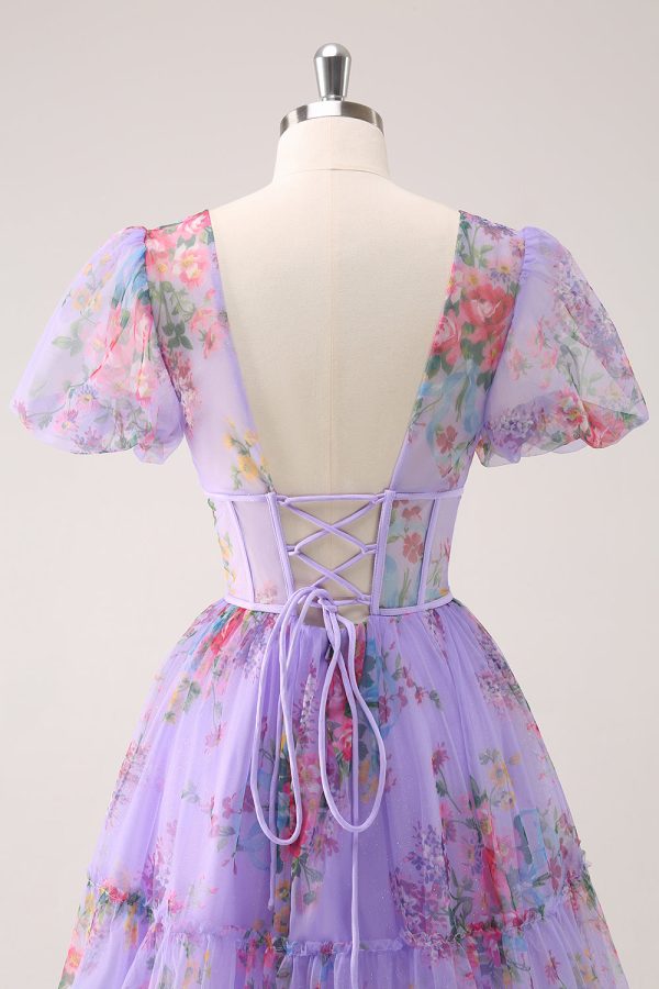 Purple A-Line V Neck Corset Short Floral Homecoming Dress with Lace Up Back Online Sale