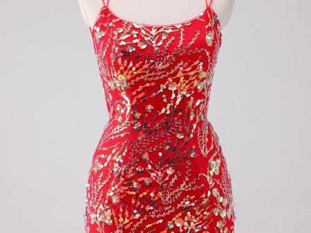 Glitter Red Spaghetti Straps Sequins Bodycon Short Homecoming Dress Discount