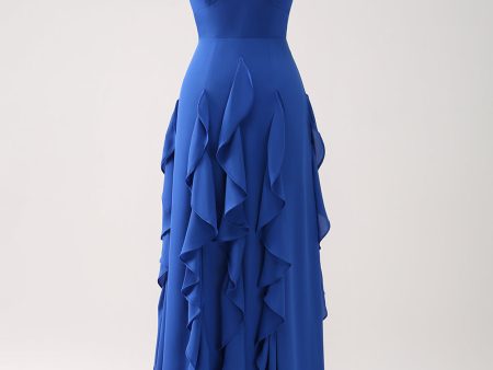 A-Line Dark Blue Spaghetti Straps Bridesmaid Dress with Ruffles Online Sale