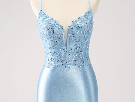 Blue Spaghetti Straps Tight Short Homecoming Dress with Appliques Hot on Sale