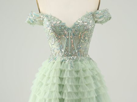 Sparkly Light Green A Line Off The Shoulder Corset Tulle Homecoming Dress Sale