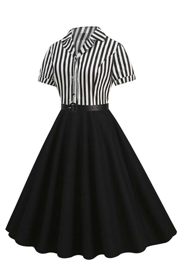 A Line Black Stripe 1950s Dress with Short Sleeves For Sale