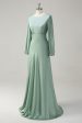 A Line Round Neck Long Sleeves Sage Bridesmaid Dress Online now