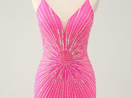 Hot Pink Spaghetti Straps Tight Short Backless Homecoming Dress with Sequins Sale