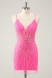 Hot Pink Spaghetti Straps Tight Short Backless Homecoming Dress with Sequins Sale