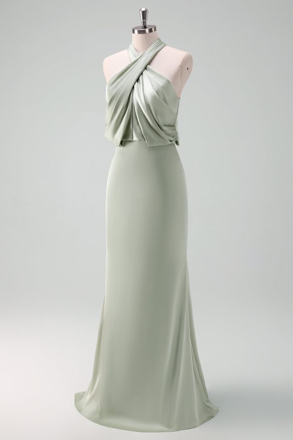 Dusty Sage Sheath Halter Neck Satin Long Bridesmaid Dress For Discount