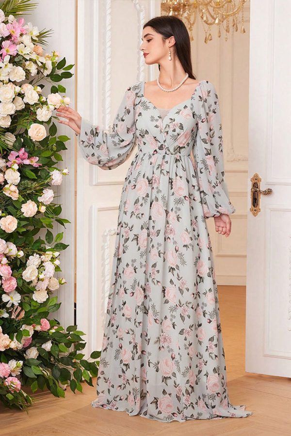 A Line Green Floral Printed Long Sleeves Long Prom Dress Online