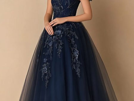 Black Tie Navy A-Line V-neck Tulle Long Mother of the Bride Dress with Short Sleeves Cheap